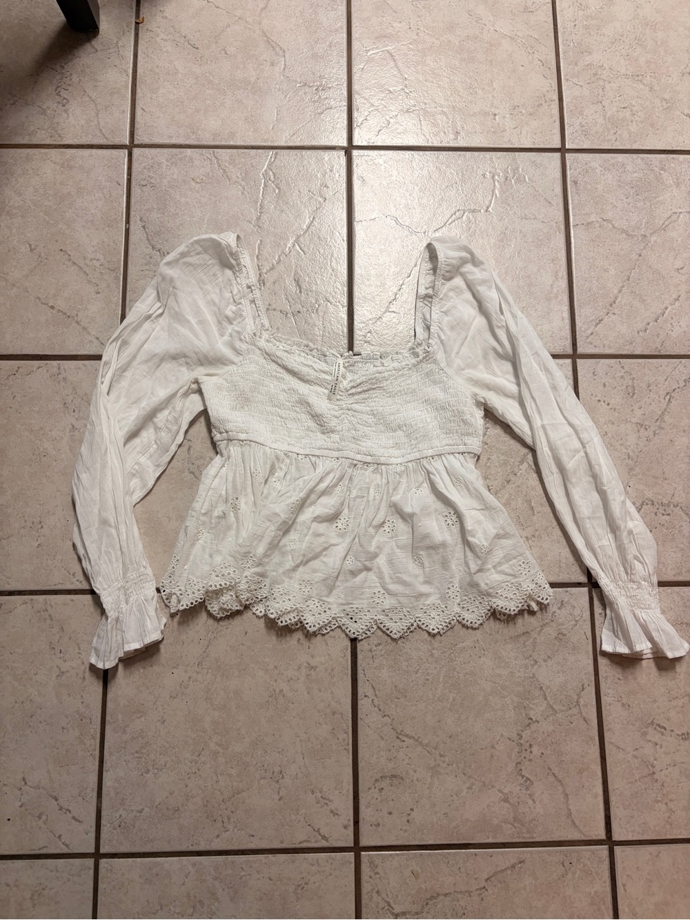 American Eagle Outfitters White Smocked Peasant Blouse with Eyelet Hem
